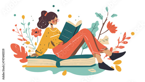 Kobieta siedzi na dużym tomie książki i skupiona czyta zawartość innej książki. Koncentruje się nad tekstem, trzymając się wygodnie i skupiając swoją uwagę na czytaniu