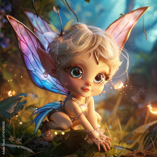 Close-up of a cute pixie, wings shimmering, nestled in a fantasy forest, magic in the air