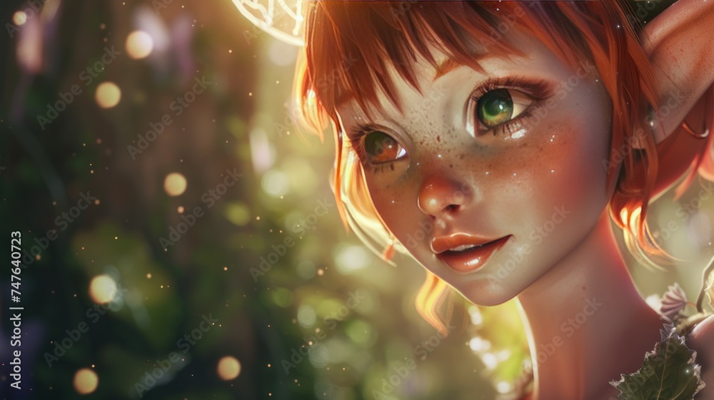 A cute pixie close-up, with a backdrop of a fantasy forest, where wonders never cease A cute pixie close-up, with a backdrop of a fantasy forest, where wonders never cease