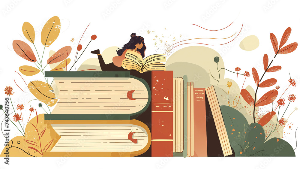 Kobieta leży na abstrakcyjnie wielkim stosie książek i czyta jedną z nich. Skupia się na treści książki, otoczona przez liście roślin - obrazy, fototapety, plakaty 