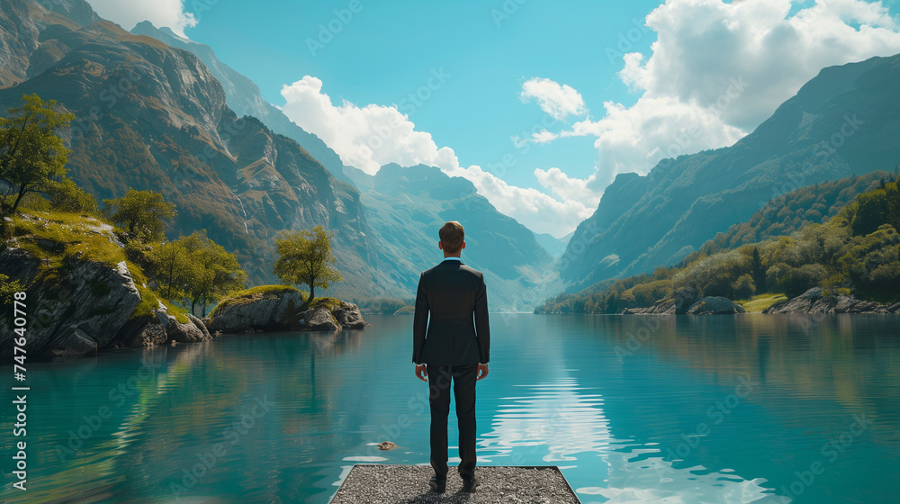 Un Homme En Costume Regarde Le Paysage Magnifique Devant Lui Un Lac De 