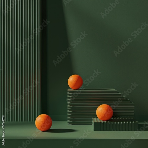 3D orange toys create a striking pattern on a dark green canvas, mixing playfulness with sophistication