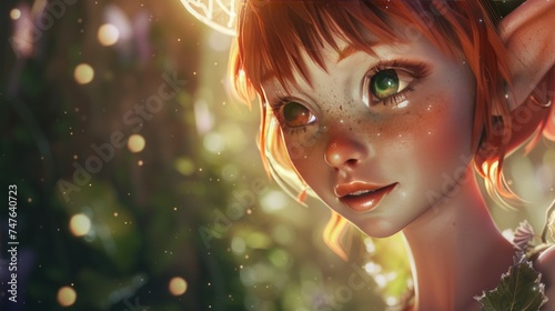 A cute pixie close-up, with a backdrop of a fantasy forest, where wonders never cease