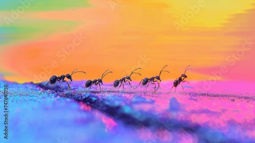 Ants marching on a pastel chalk art path, retro 70s sunset gradient in the background