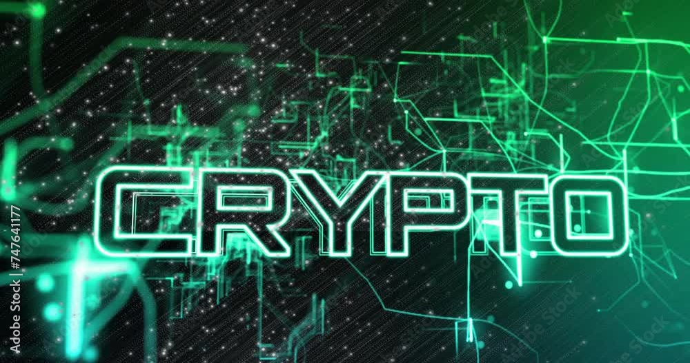 Animation of network of connections with crypto text over spots on black background Animation of network of connections with crypto text over spots on black background