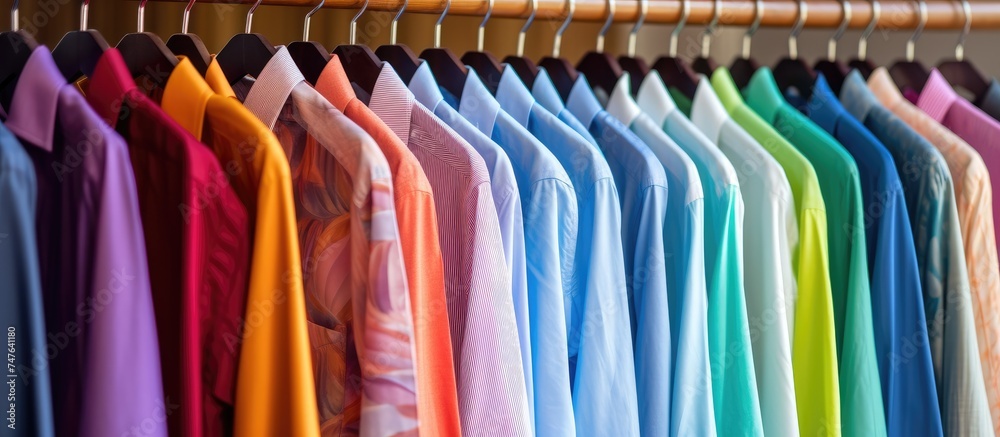 A collection of bright, colorful cotton shirts is neatly arranged on hangers hanging on a rail in a boutique shop. Each shirt stands out with its vibrant hues, adding a pop of color to the display.