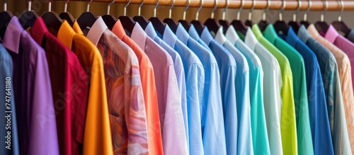 A collection of bright, colorful cotton shirts is neatly arranged on hangers hanging on a rail in a boutique shop. Each shirt stands out with its vibrant hues, adding a pop of color to the display. © Lasvu