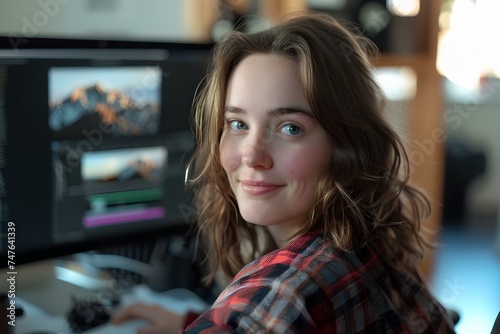 A female blog writer sitting in front of a computer. Smiling slightly. generative AI