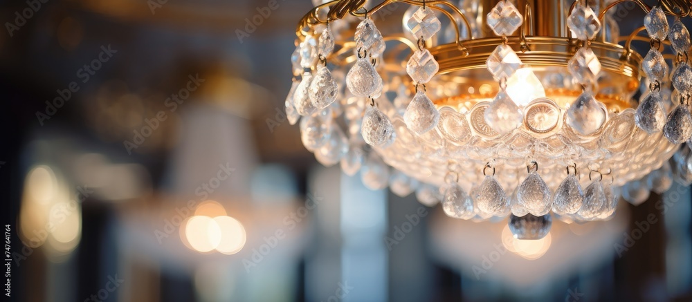 A luxurious crystal chandelier hangs elegantly from the ceiling in a well-lit room, casting a shimmering glow around the space.