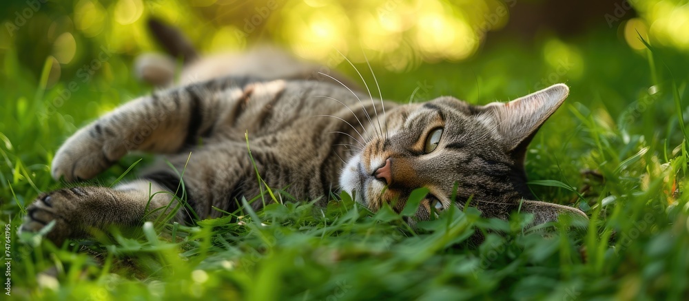 A tabby cat is laying in the lush green grass, with its eyes closed, enjoying a peaceful afternoon.