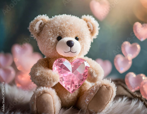 Lovely teddy bear holding pink crystal heart © oxinoxi