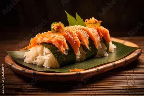 Detailed close-up photography of a tasty sushi on a palm leaf plate against a kraft paper background. AI Generation