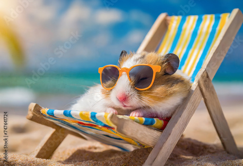 Hamster with sunglasses is relaxing in a sun lounger on the beach