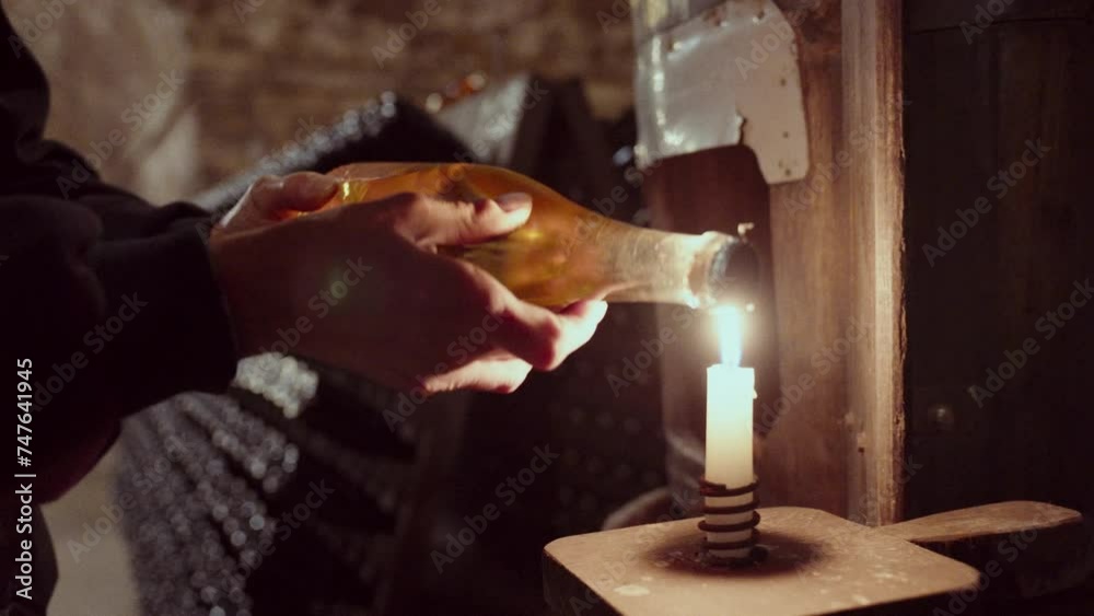 Examining Wine Bottle With Candle Light Examining Wine Bottle With Candle Light