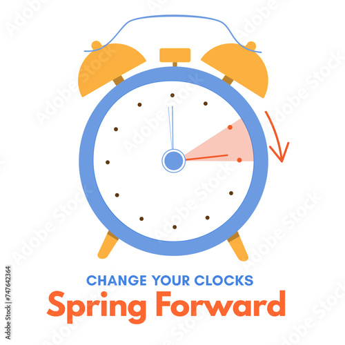 Spring Forward banner. Daylight saving time begins - clock turn forward one hour. Banner reminder. Vector illustration