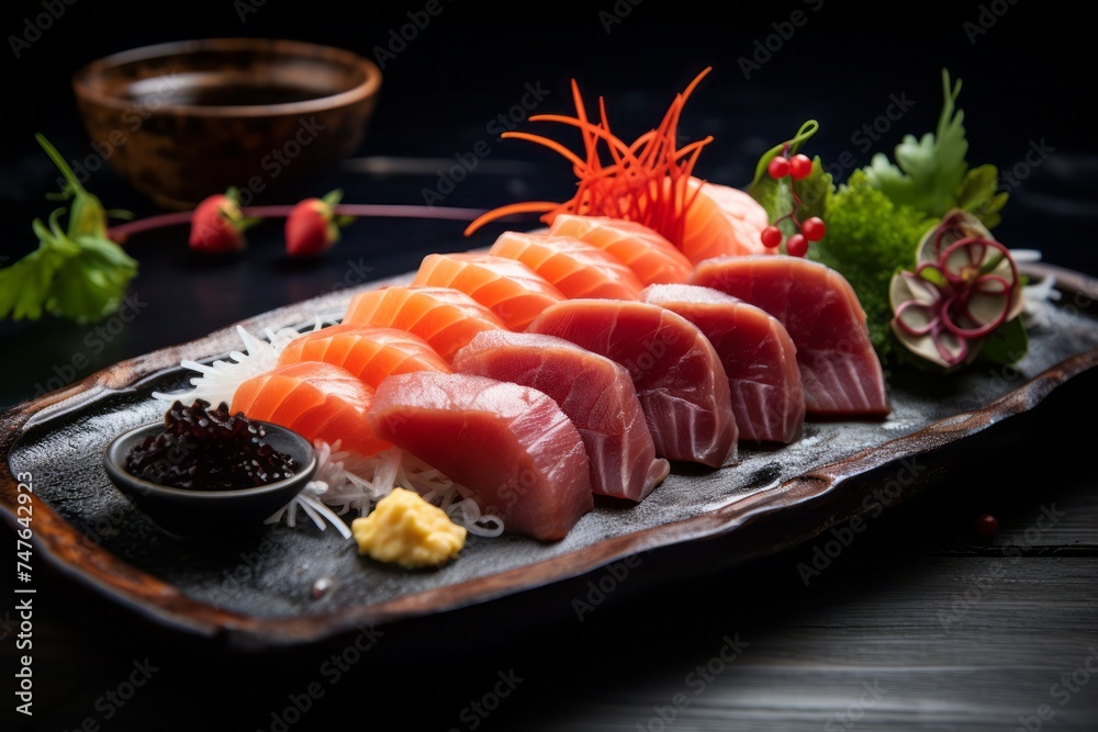 Close-up view photography of an exquisite sashimi on a rustic plate against a kraft paper background. AI Generation Close-up view photography of an exquisite sashimi on a rustic plate against a kraft paper background. AI Generation