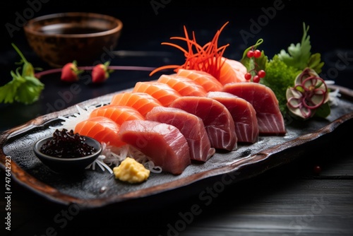 Close-up view photography of an exquisite sashimi on a rustic plate against a kraft paper background. AI Generation