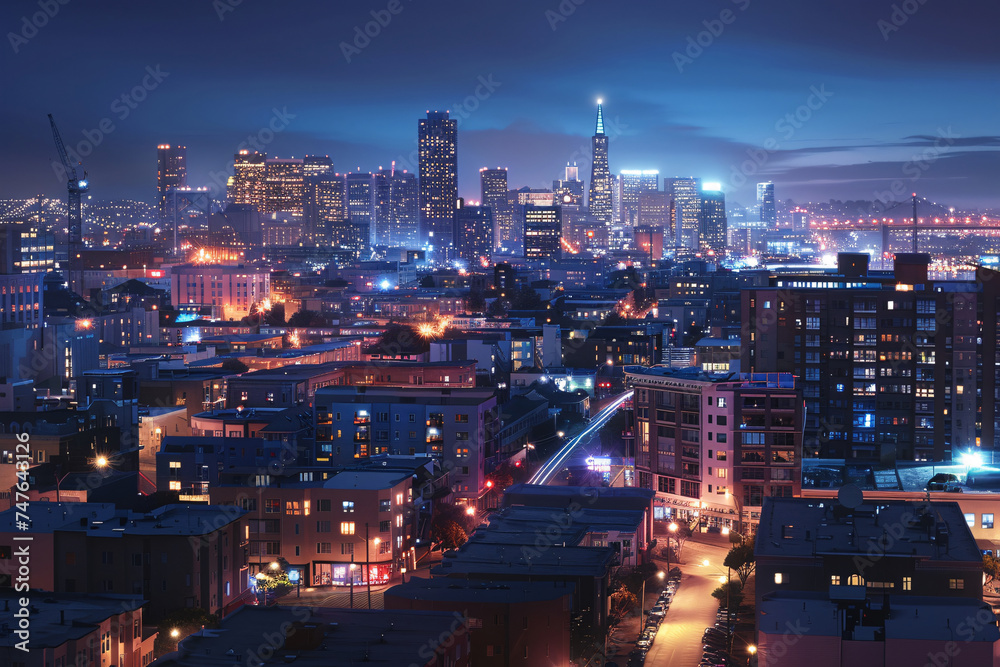 A High-Angle Cityscape, Urban Nocturne. Generative AI