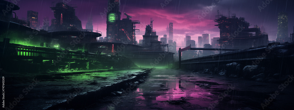 Dystopian Deluge: A Neon City in the Grip of Rain