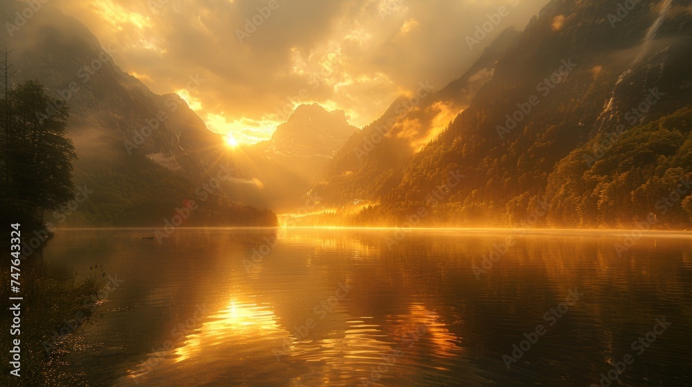 An ethereal mountain landscape bathed in the golden light of sunrise, with misty peaks rising above a serene, mirror-like lake in a secluded valley