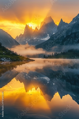 An ethereal mountain landscape bathed in the golden light of sunrise, with misty peaks rising above a serene, mirror-like lake in a secluded valley