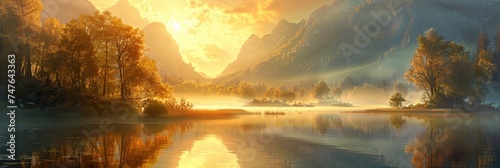 Golden Sunrise Over Misty Mountains: Serene Lake Reflections in a Secluded Valley