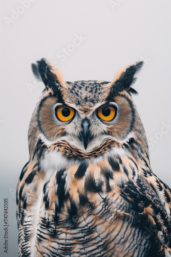 A close-up portrait capturing the intense gaze of a majestic owl, showcasing its intricate feather patterns and striking orange eyes.