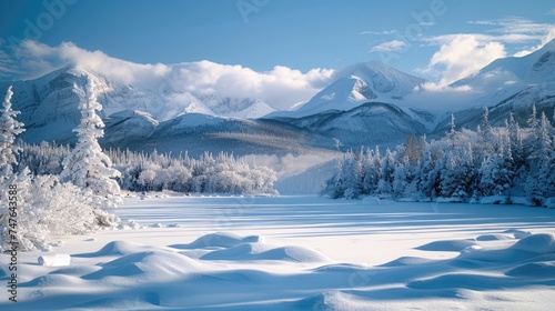 Pristine Snowscape: Frozen Lake and Snow-Covered Trees with Distant Mountains © Landscape Planet