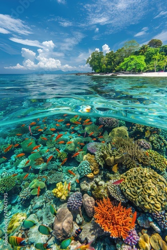 Aerial View: Sprawling Coral Reef and Colorful Fish in Crystal-Clear Waters