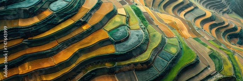 Terraced Landscapes: Aerial View of Agricultural Patterns and Mountain Range