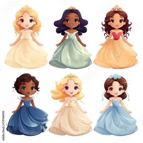 Set of beautiful princesses in luxurious dresses on a white background