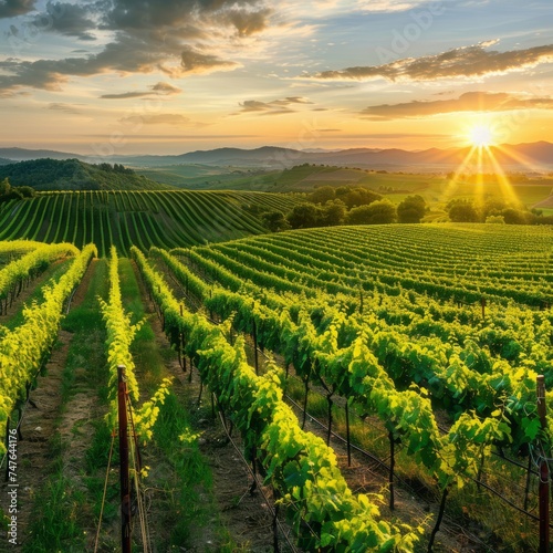 Green Vineyard Rows at Sunset in Summer