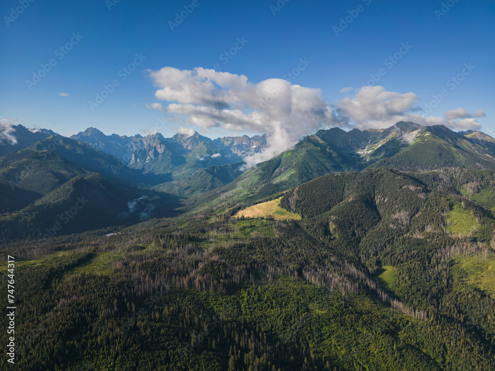 Aerial photo from a drone in the Polish Tatras on a summer day.