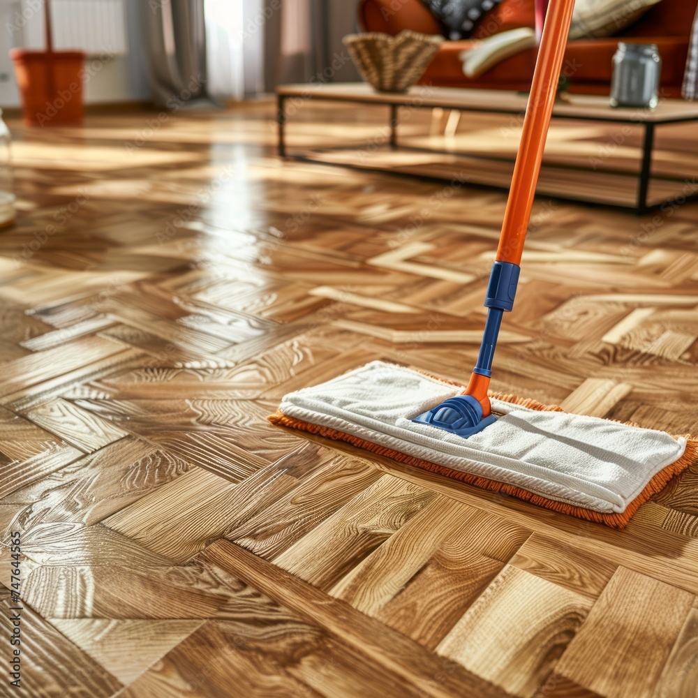 Floor Cleaning with Mop and Cleanser Foam on Parquet Floor - obrazy, fototapety, plakaty 