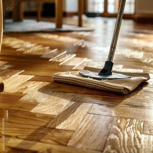 Floor Cleaning with Mop and Cleanser Foam on Parquet Floor
