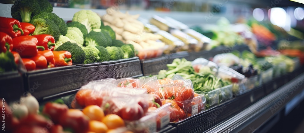 A display in a grocery store featuring shelves filled with a wide variety of colorful and fresh vegetables. The background is blurred, highlighting the abundance of produce available for purchase.