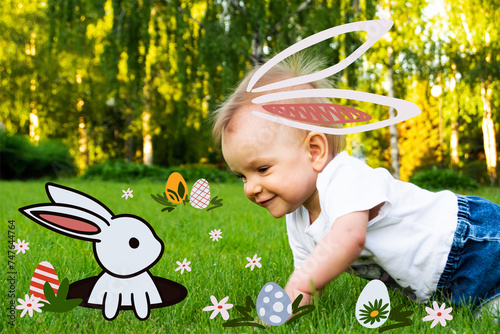A small child on an Easter hunt. Kid looks at the huge egg. Сhild wearing Bunny ears find and pick up multicolored egg on Easter egg hunt in garden. Creative contemporary collage