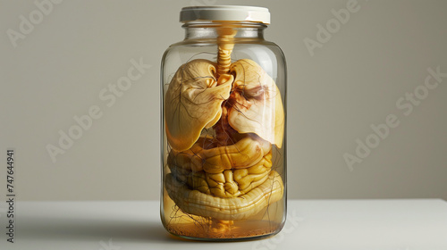 Système digestif humain conservé en bocal, des organes  (estomac, foie et intestins) dans une jarre en verre pleine de formol photo