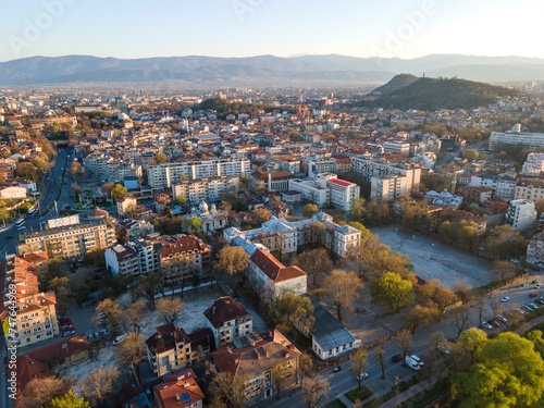 Aerial Sunset view of City of Plovdiv, Bulgaria photo