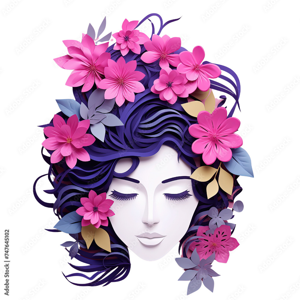 Rzeźba z papieru przedstawiająca kobietę z kwiatami we włosach, wykonana z dbałością o detale i delikatność - obrazy, fototapety, plakaty 