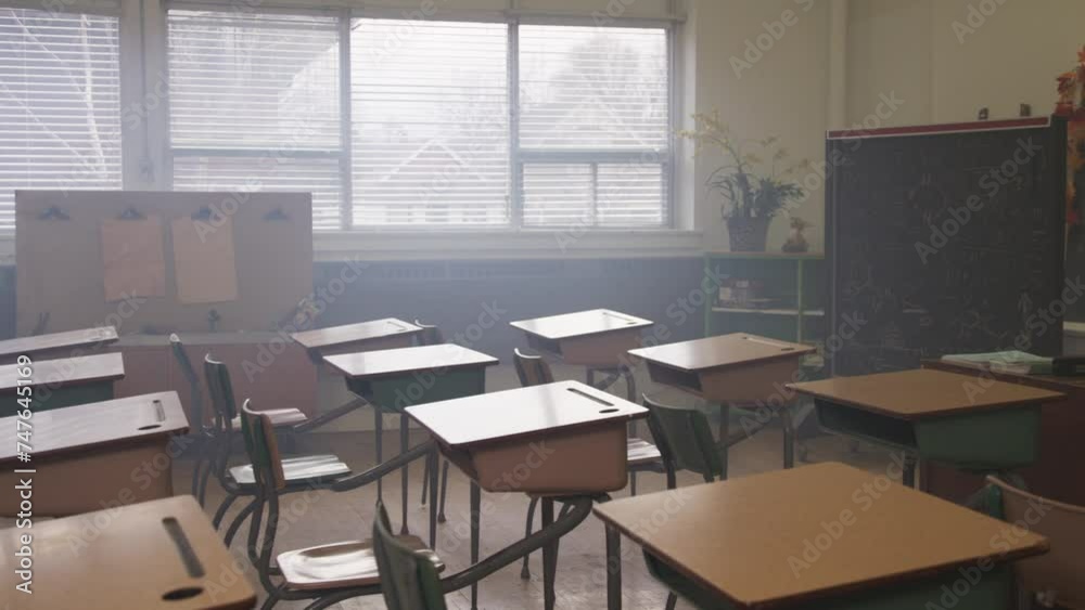 Establishing shot of a classroom with iconic desks Establishing shot of a classroom with iconic desks