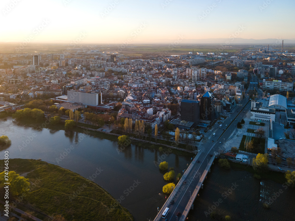 Obraz premium Aerial Sunset view of City of Plovdiv, Bulgaria