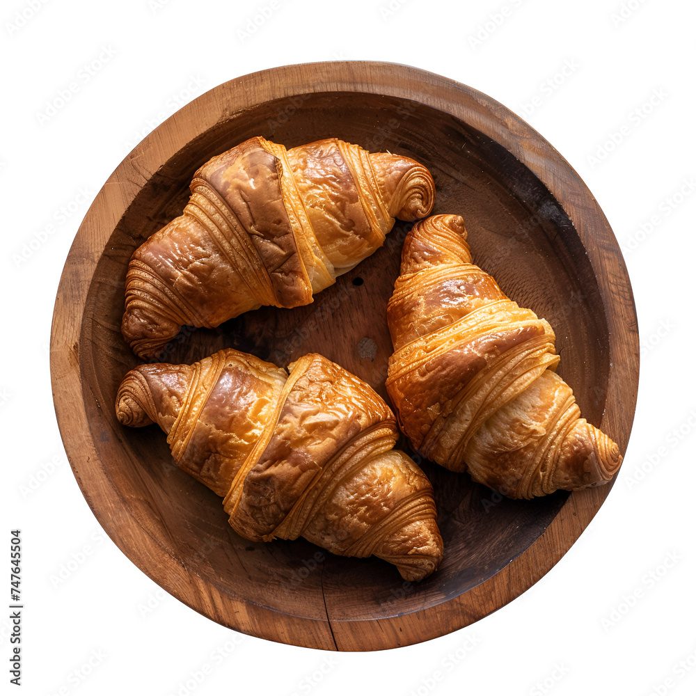 Close-up photo of a group of croissants on a wooden plate, Isolated on Transparent Background, PNG