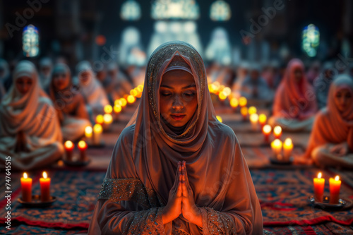 Muslim Woman in a hijab is enveloped in a serene ambience as she prays among candles