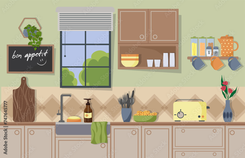 Detail of a modern kitchen with a window and a sink. Cabinets and shelves. Kitchen utensils on the table - a toaster and a coffee pot. Shelf with cups, cutlery and glasses, bowl with cookies. Chalk Detail of a modern kitchen with a window and a sink. Cabinets and shelves. Kitchen utensils on the table - a toaster and a coffee pot. Shelf with cups, cutlery and glasses, bowl with cookies. Chalk