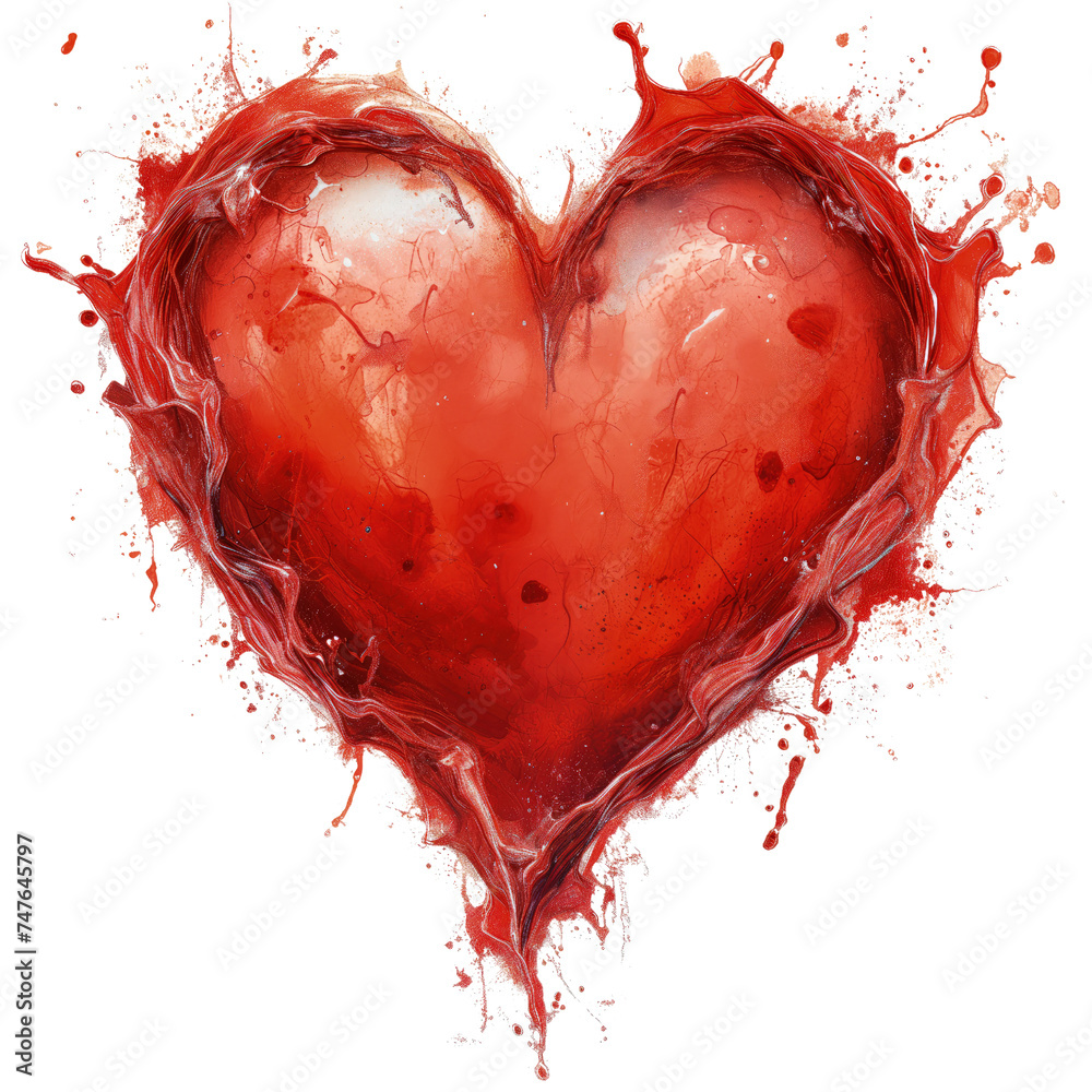Czerwone serce namalowane jakby się rozpływało.  Serce jest głównym elementem kompozycji, dominującym kolorem jest intensywny czerwony - obrazy, fototapety, plakaty 