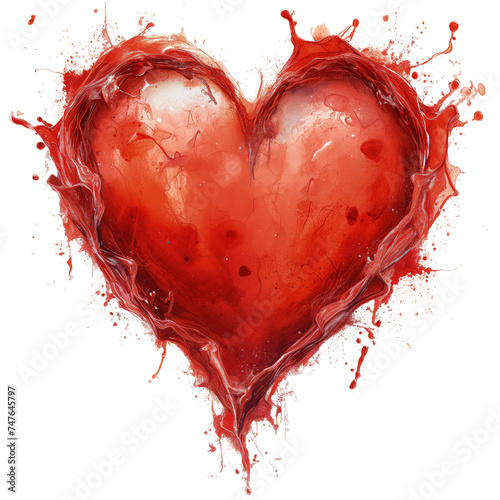 Czerwone serce namalowane jakby się rozpływało.  Serce jest głównym elementem kompozycji, dominującym kolorem jest intensywny czerwony