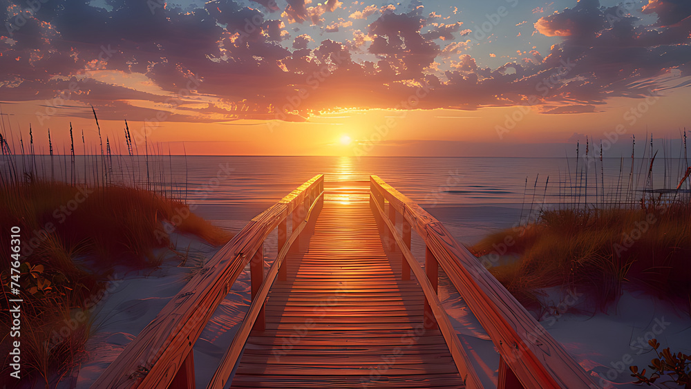 Sunset over the sea, beach boardwalk.