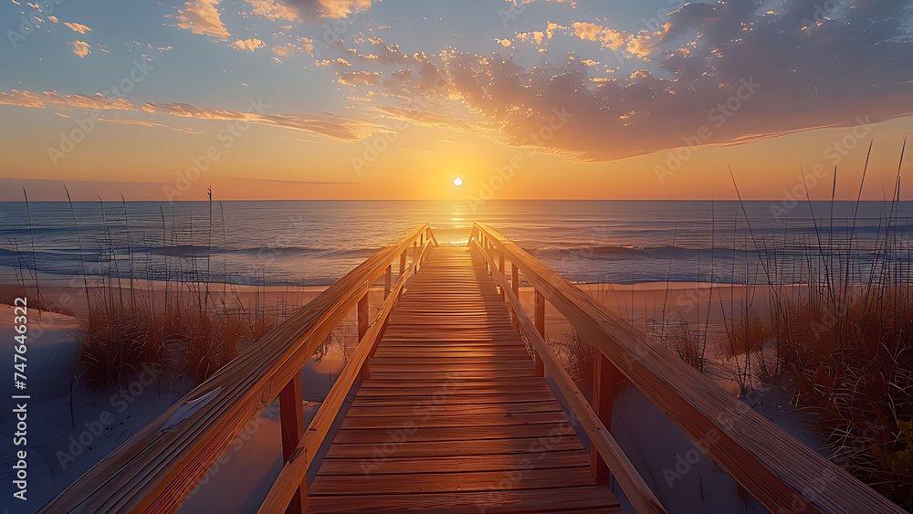 Fototapeta premium Sunset over the sea, beach boardwalk.