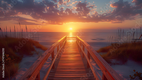 Sunset over the sea, beach boardwalk. photo